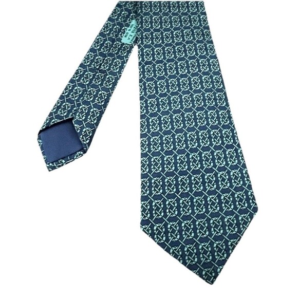 Hermès Paris Silk Tie Navy Teal Horseshoe Polo Mallet Equestrian Pattern EUC - Picture 9 of 10